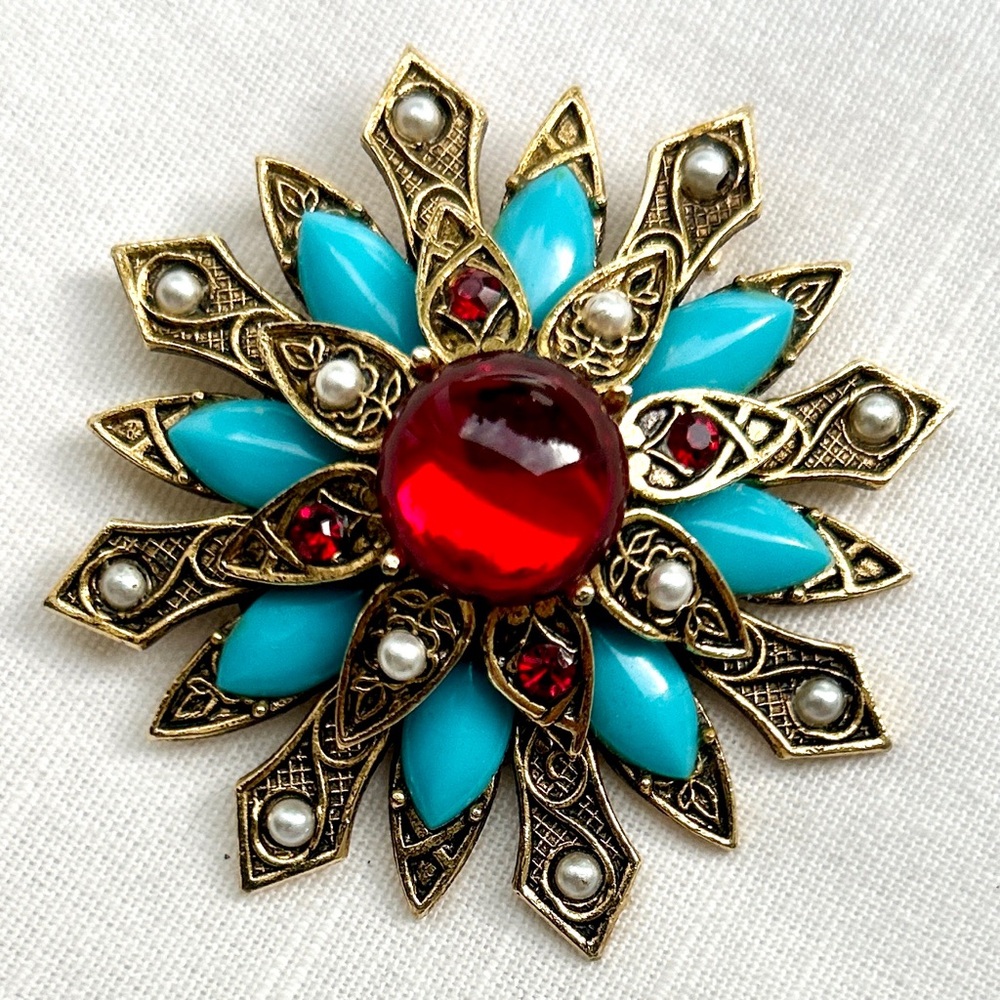 Vtg ART Arthur Pepper Brooch/Pendant w/ Red Glass Cabochon Turquoise Pearl